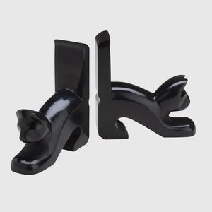 Beautiful Black Cat Soapstone Bookends Pair - New